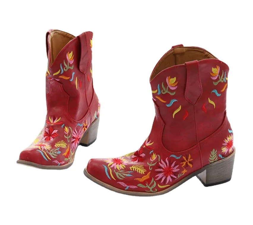 Women fall winter flower embroidered chunky heeled booties