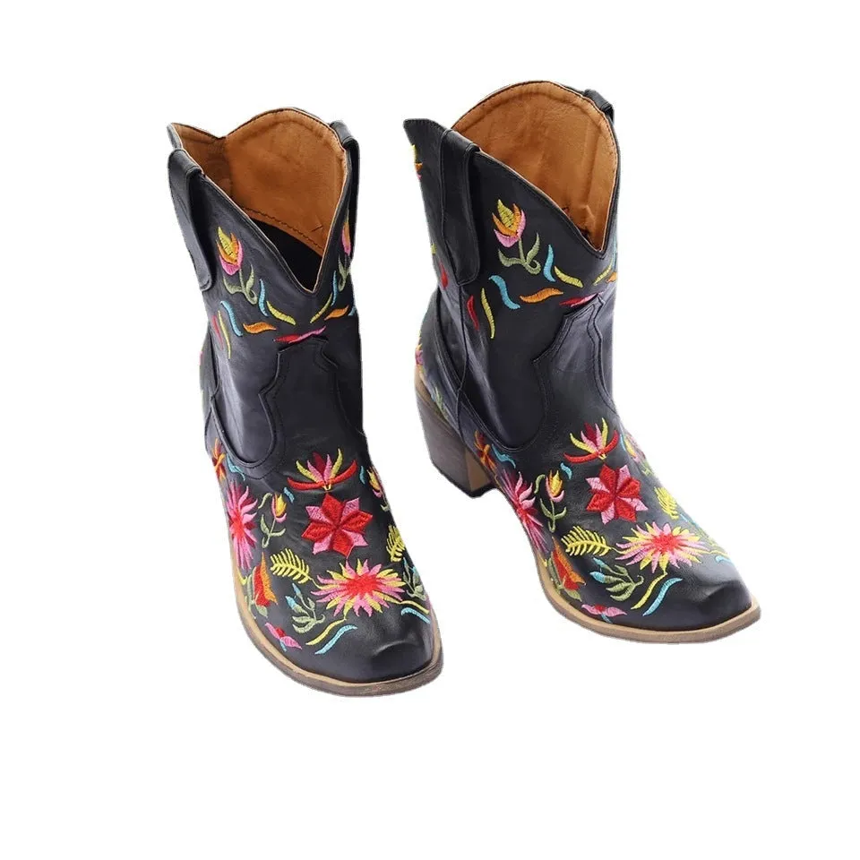 Women fall winter flower embroidered chunky heeled booties