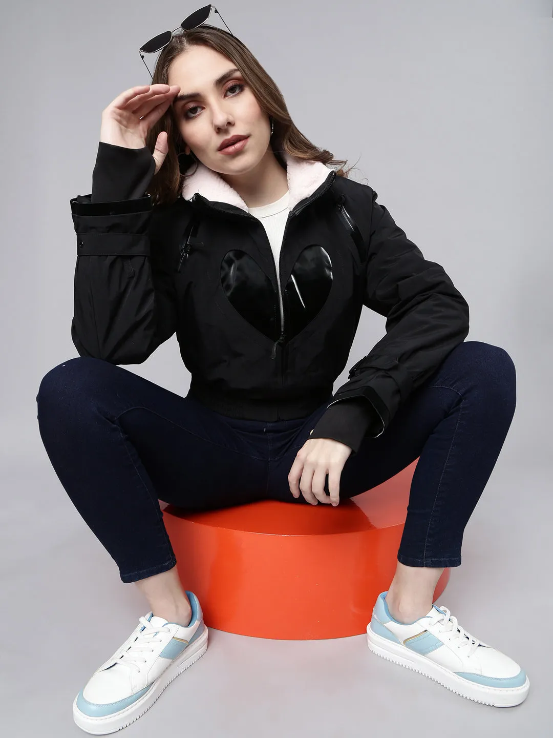 Women Solid Black Crop Puffer Jacket