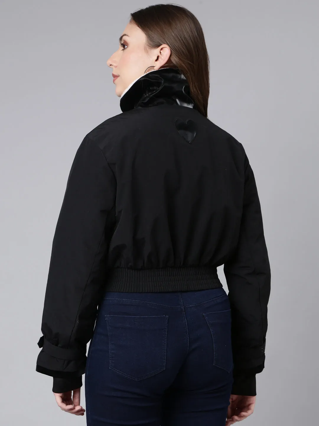 Women Solid Black Crop Puffer Jacket