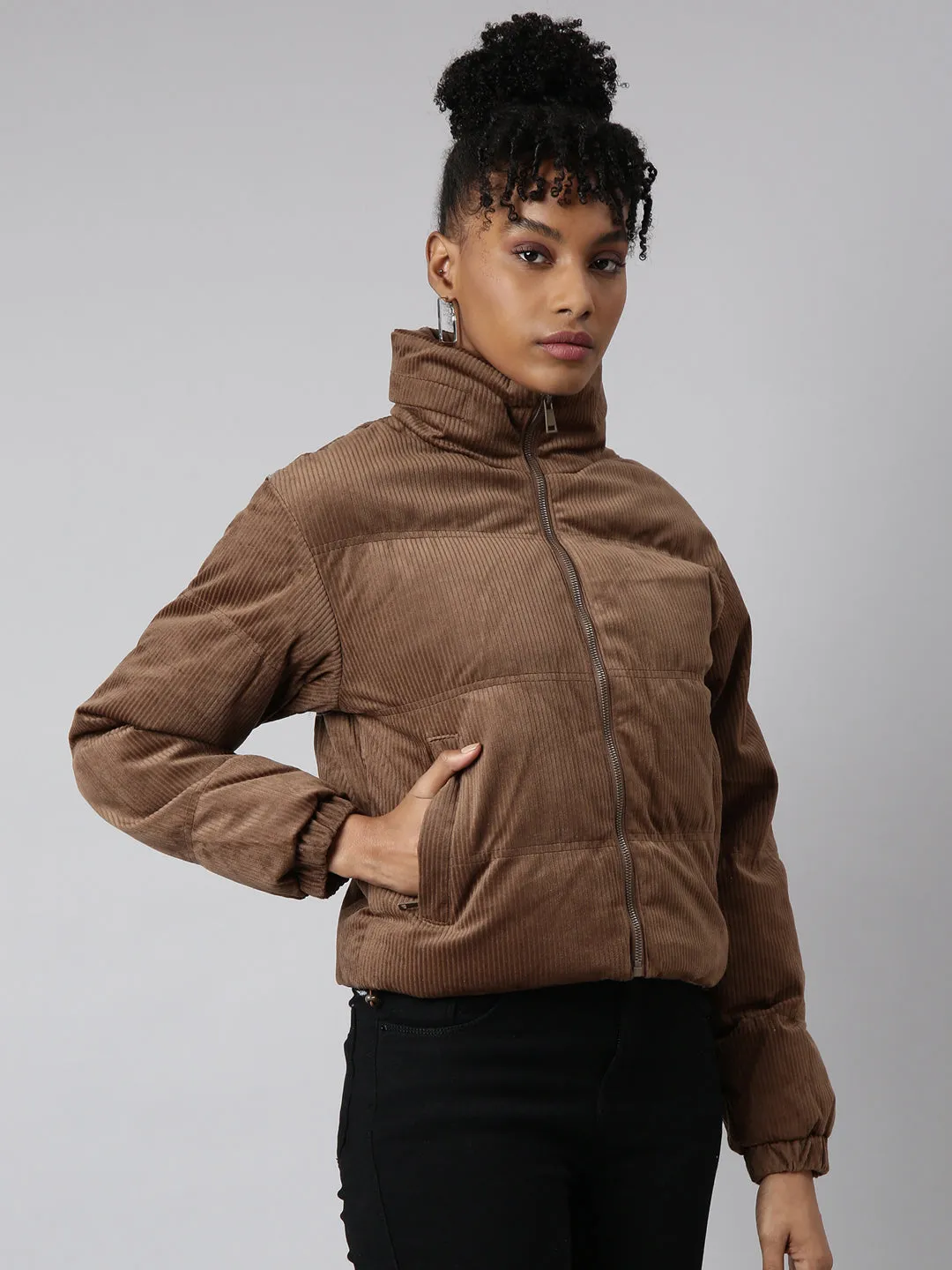 Women Solid Brown Puffer Jacket