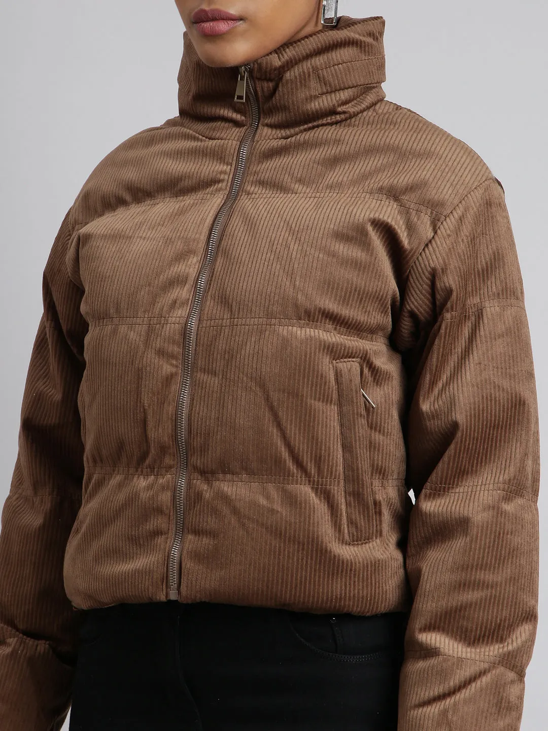 Women Solid Brown Puffer Jacket