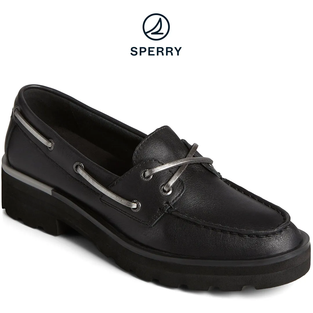 Women's Chunky 2-Eye Leather Boat Shoe Black (STS89097)