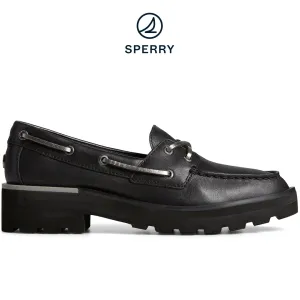 Women's Chunky 2-Eye Leather Boat Shoe Black (STS89097)