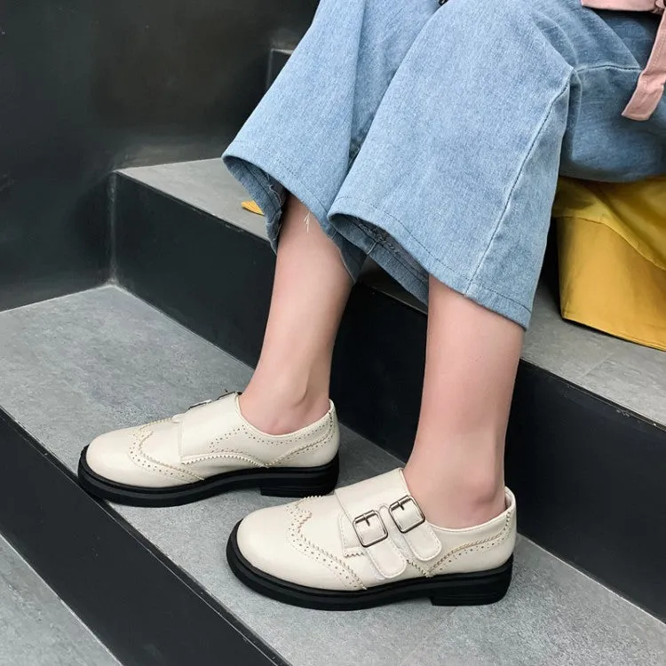 Women's Solid Color Round Toe Stitching Double Buckle Slip on Oxford Flats Shoes