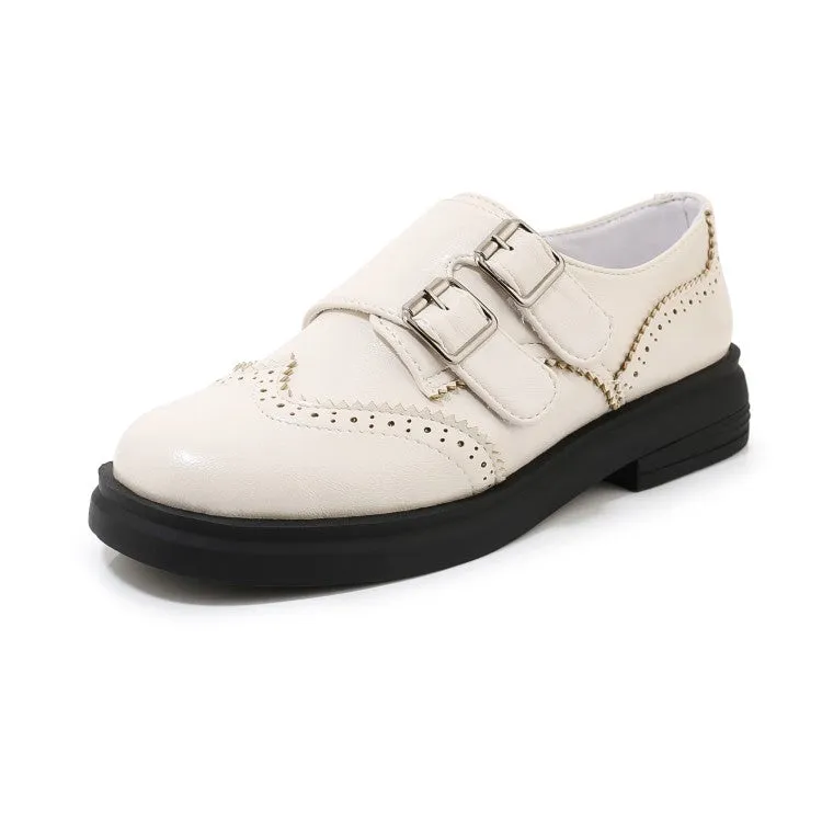 Women's Solid Color Round Toe Stitching Double Buckle Slip on Oxford Flats Shoes