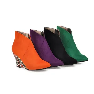 Women's Suede Pointed Toe Ethnic Wedge Heel Short Boots