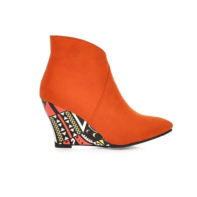 Women's Suede Pointed Toe Ethnic Wedge Heel Short Boots