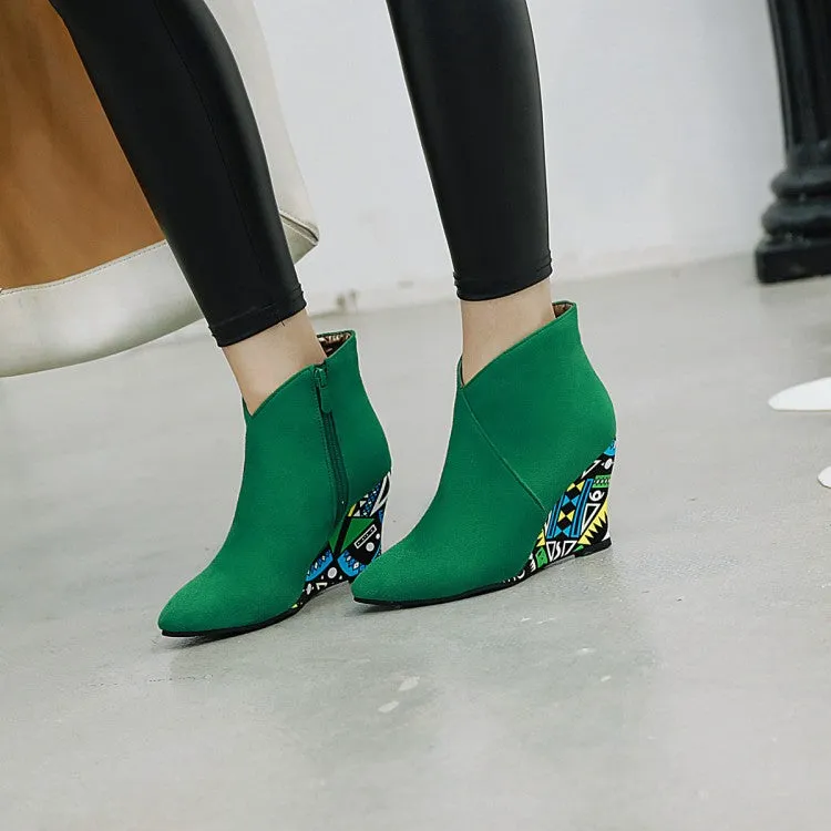 Women's Suede Pointed Toe Ethnic Wedge Heel Short Boots