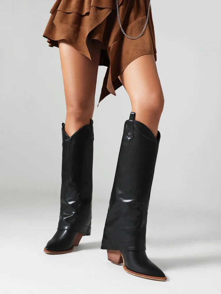 Women's Western Boots Fold Pointed Toe Beveled Heel Knee High Boots