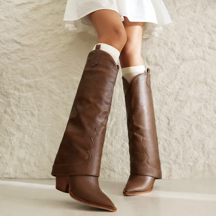 Women's Western Boots Fold Pointed Toe Beveled Heel Knee High Boots