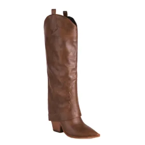 Women's Western Boots Fold Pointed Toe Beveled Heel Knee High Boots