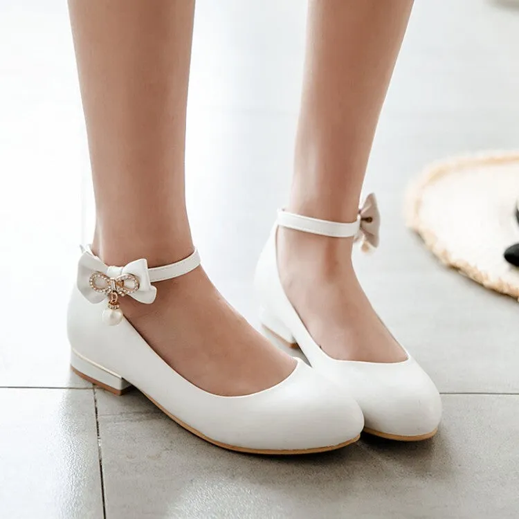 Women'sAnkle Strap Pearls Rhinestone Bow Tie Flat Pumps