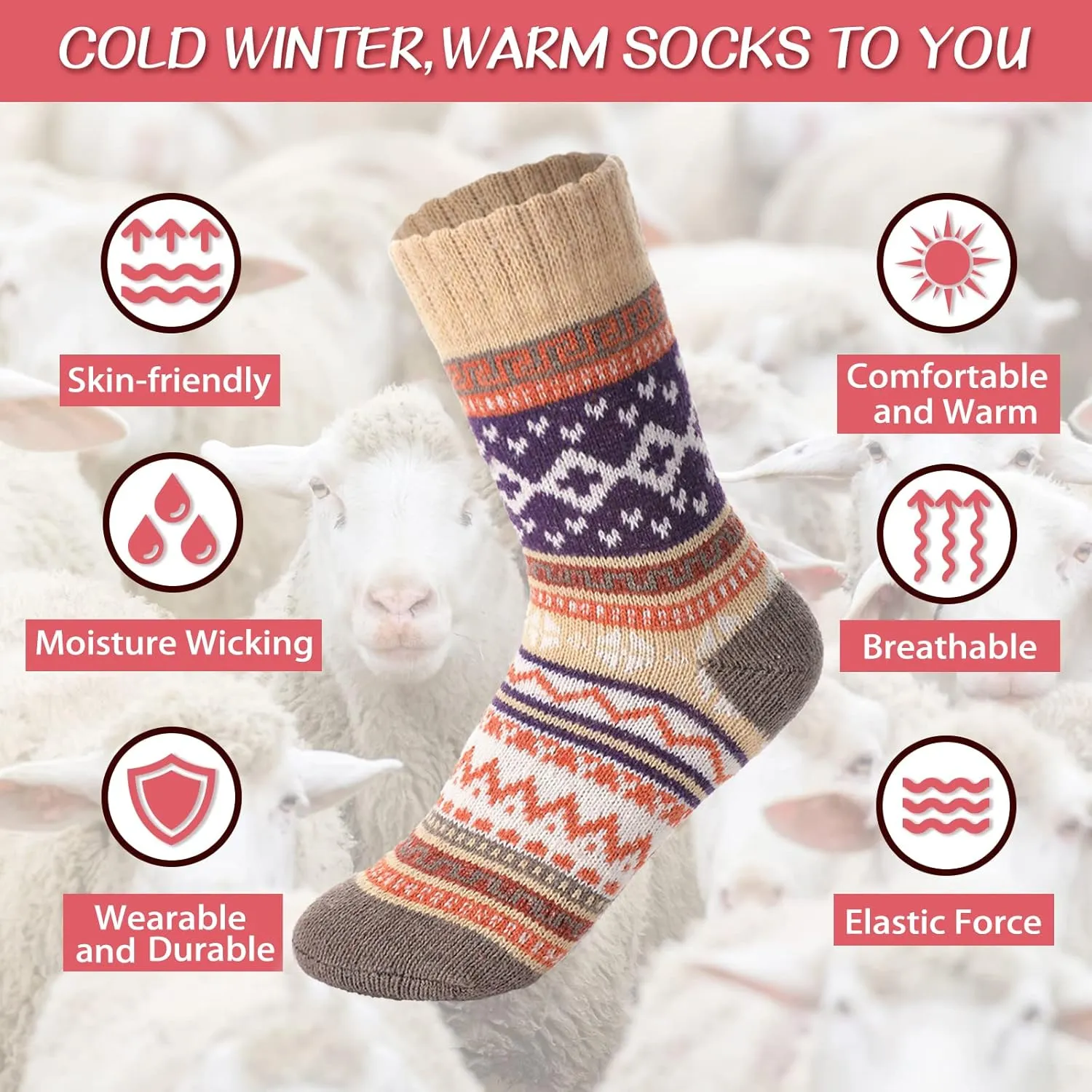 Wool Socks – Cozy, Warm, Thick Knit Socks for Women & Men, 2 Sets