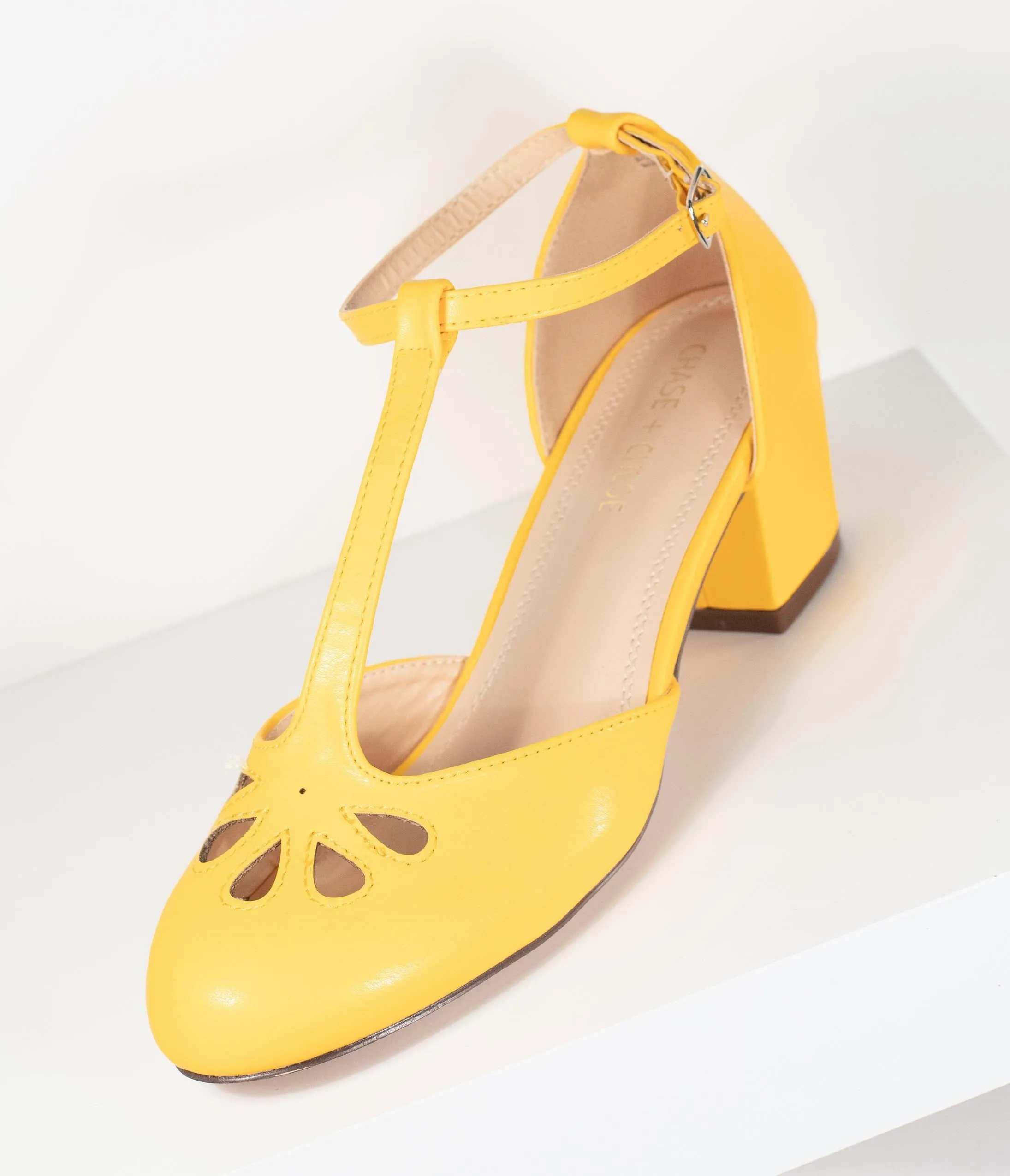 Yellow Leatherette Minny T-Strap Heels