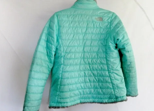 Youth Girls THE NORTH FACE Reversible JACKET Puffer Coat L 14/16  GRAY MINT BLUE